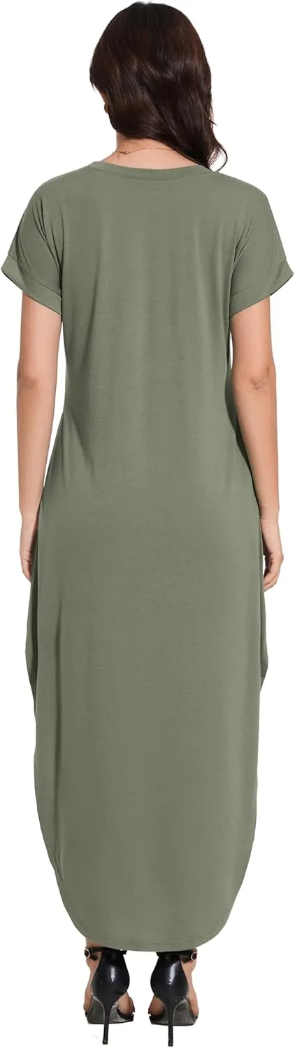 Women Summer Long Sundress Crewneck Short Sleeve Maxi Dress 2025 Casual Loose Beach Dress with Pockets