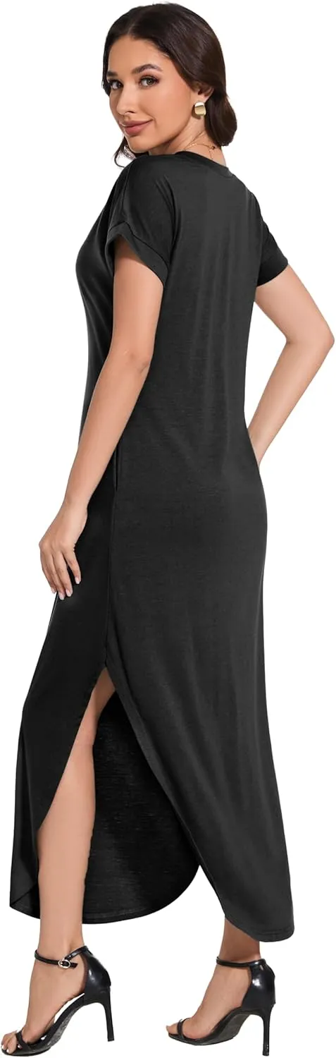 Women Summer Long Sundress Crewneck Short Sleeve Maxi Dress 2025 Casual Loose Beach Dress with Pockets