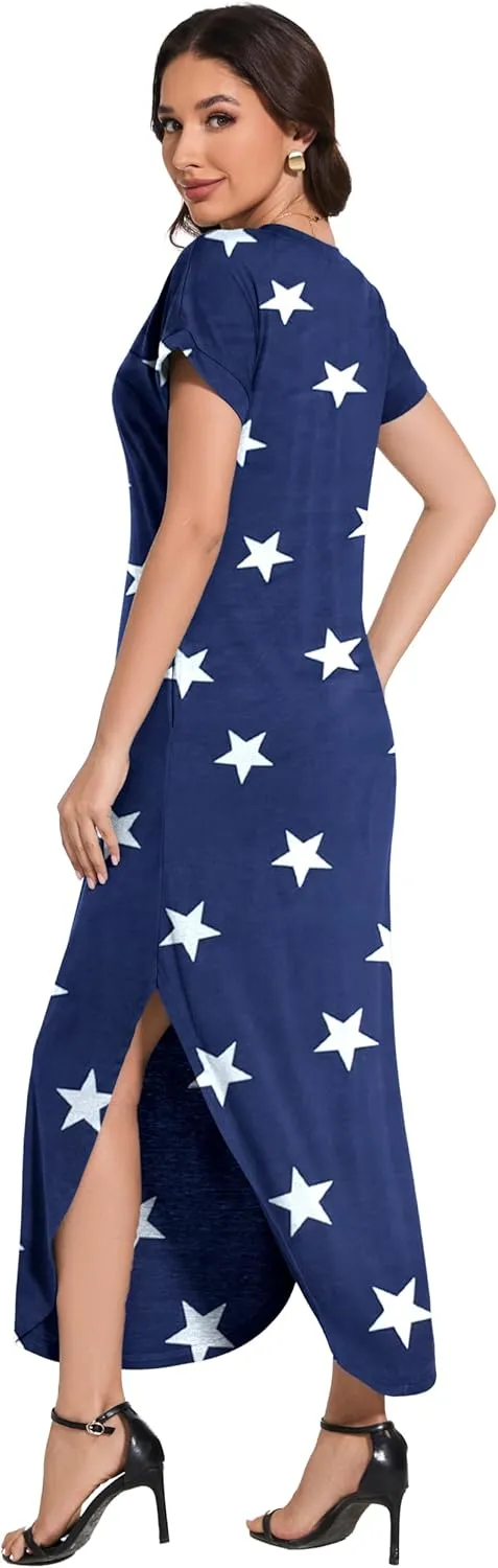 Women Summer Long Sundress Crewneck Short Sleeve Maxi Dress 2025 Casual Loose Beach Dress with Pockets