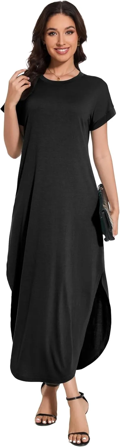 Women Summer Long Sundress Crewneck Short Sleeve Maxi Dress 2025 Casual Loose Beach Dress with Pockets