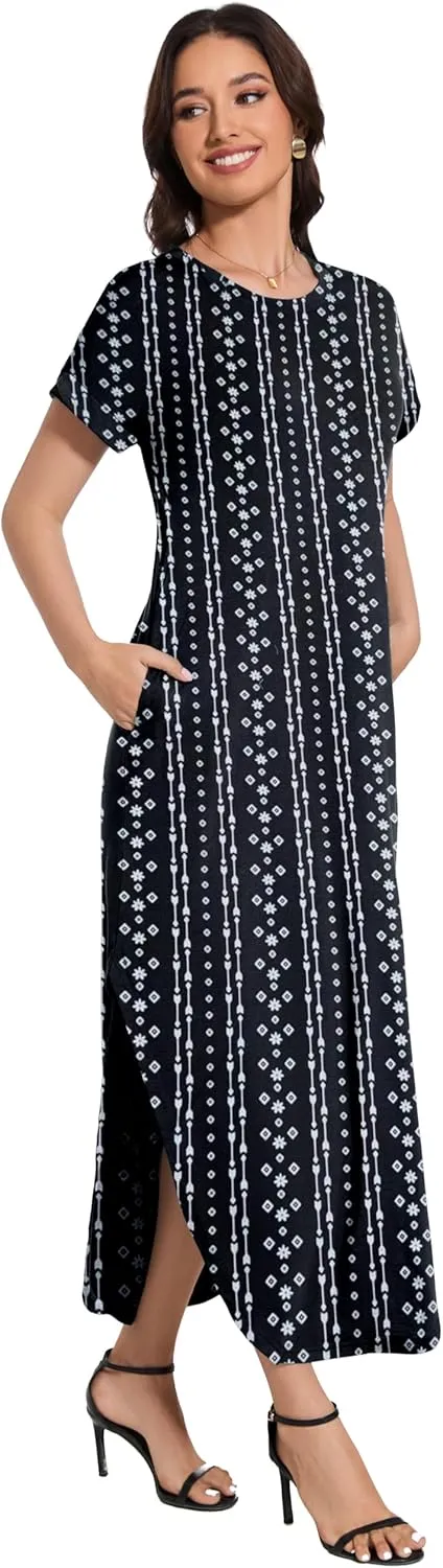 Women Summer Long Sundress Crewneck Short Sleeve Maxi Dress 2025 Casual Loose Beach Dress with Pockets