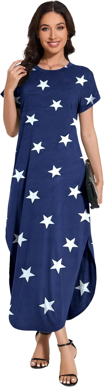Women Summer Long Sundress Crewneck Short Sleeve Maxi Dress 2025 Casual Loose Beach Dress with Pockets