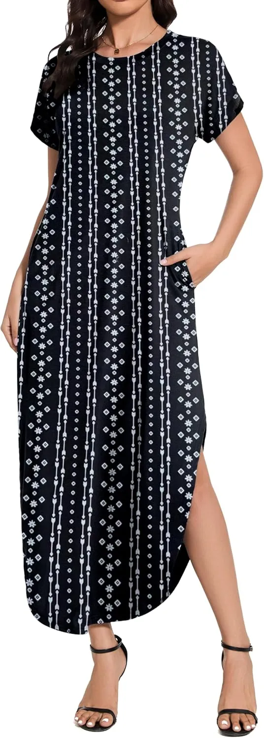Women Summer Long Sundress Crewneck Short Sleeve Maxi Dress 2025 Casual Loose Beach Dress with Pockets