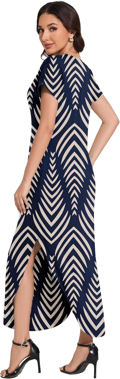 Women Summer Long Sundress Crewneck Short Sleeve Maxi Dress 2025 Casual Loose Beach Dress with Pockets