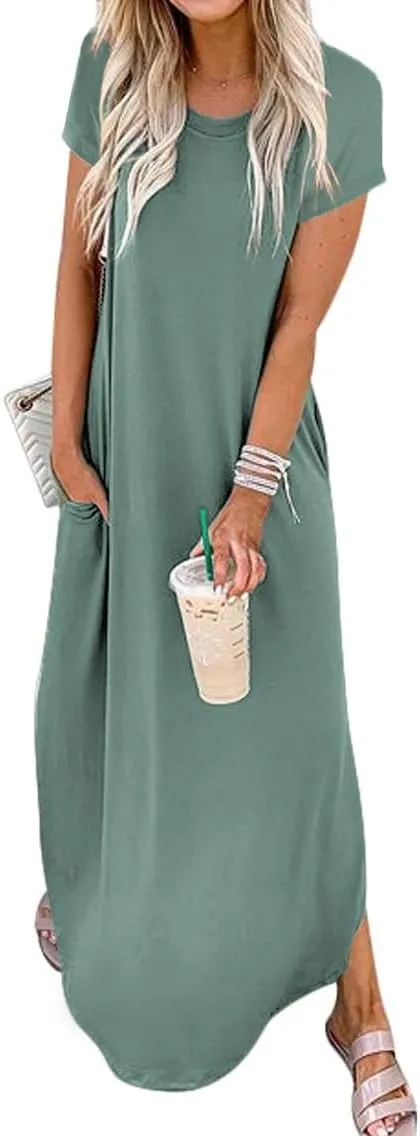 Women Summer Long Sundress Crewneck Short Sleeve Maxi Dress 2025 Casual Loose Beach Dress with Pockets