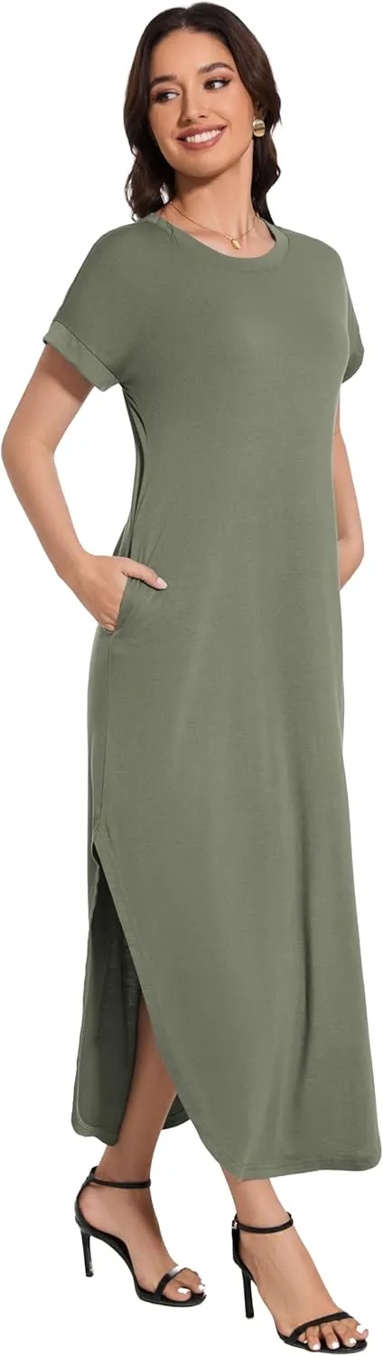 Women Summer Long Sundress Crewneck Short Sleeve Maxi Dress 2025 Casual Loose Beach Dress with Pockets