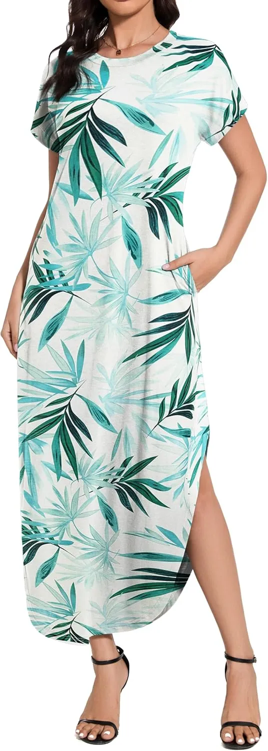 Women Summer Long Sundress Crewneck Short Sleeve Maxi Dress 2025 Casual Loose Beach Dress with Pockets
