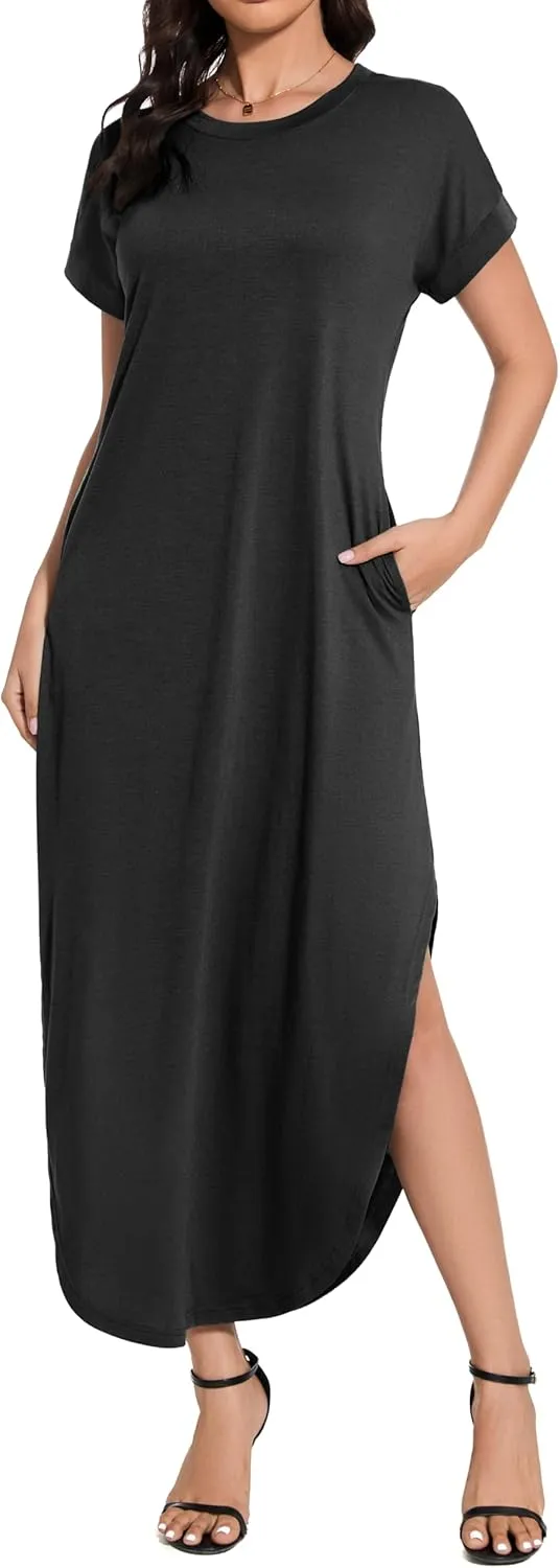 Women Summer Long Sundress Crewneck Short Sleeve Maxi Dress 2025 Casual Loose Beach Dress with Pockets