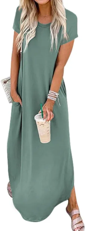 Women Summer Long Sundress Crewneck Short Sleeve Maxi Dress 2025 Casual Loose Beach Dress with Pockets