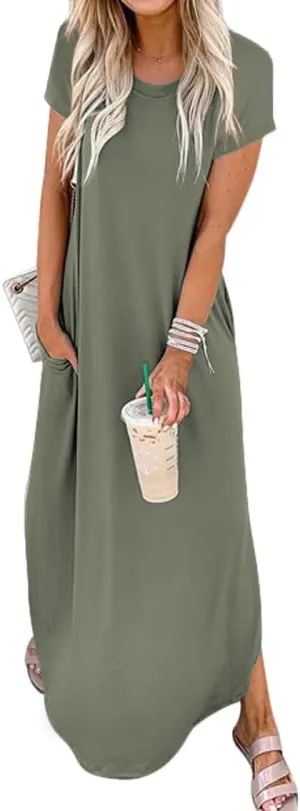 Women Summer Long Sundress Crewneck Short Sleeve Maxi Dress 2025 Casual Loose Beach Dress with Pockets