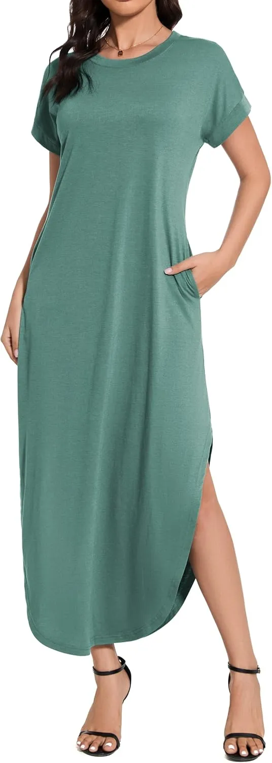 Women Summer Long Sundress Crewneck Short Sleeve Maxi Dress 2025 Casual Loose Beach Dress with Pockets