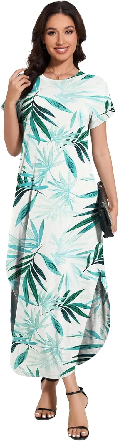 Women Summer Long Sundress Crewneck Short Sleeve Maxi Dress 2025 Casual Loose Beach Dress with Pockets