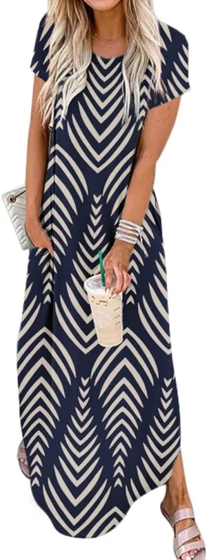 Women Summer Long Sundress Crewneck Short Sleeve Maxi Dress 2025 Casual Loose Beach Dress with Pockets