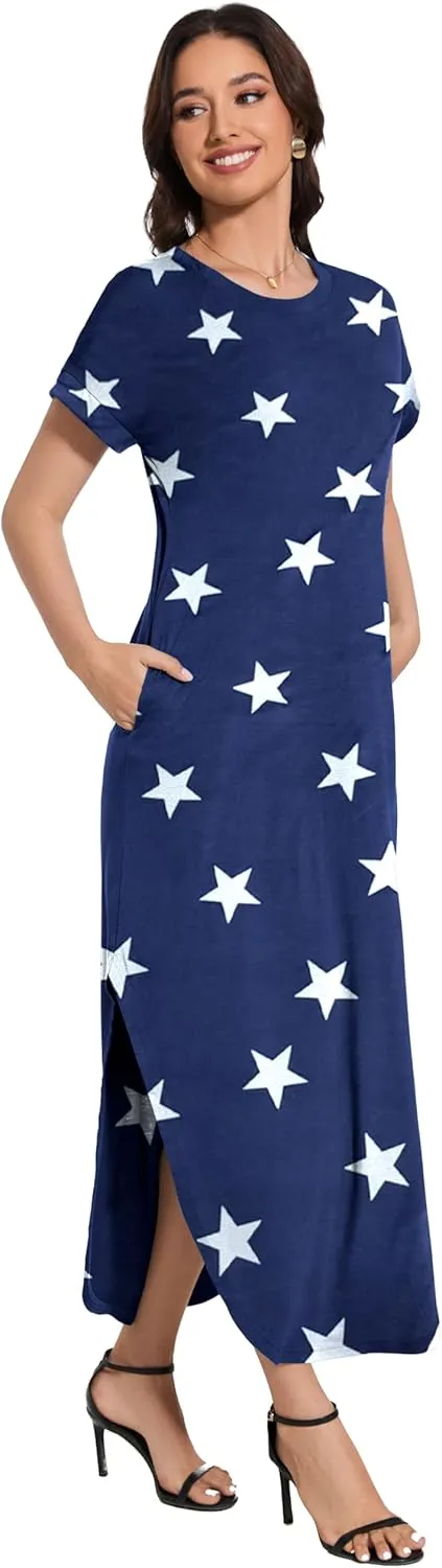 Women Summer Long Sundress Crewneck Short Sleeve Maxi Dress 2025 Casual Loose Beach Dress with Pockets