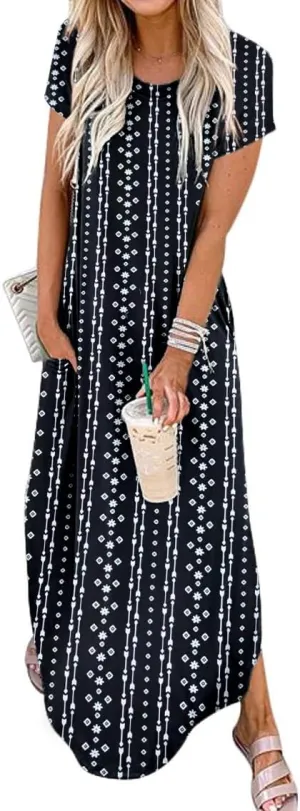 Women Summer Long Sundress Crewneck Short Sleeve Maxi Dress 2025 Casual Loose Beach Dress with Pockets