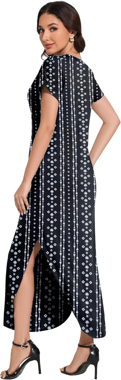 Women Summer Long Sundress Crewneck Short Sleeve Maxi Dress 2025 Casual Loose Beach Dress with Pockets
