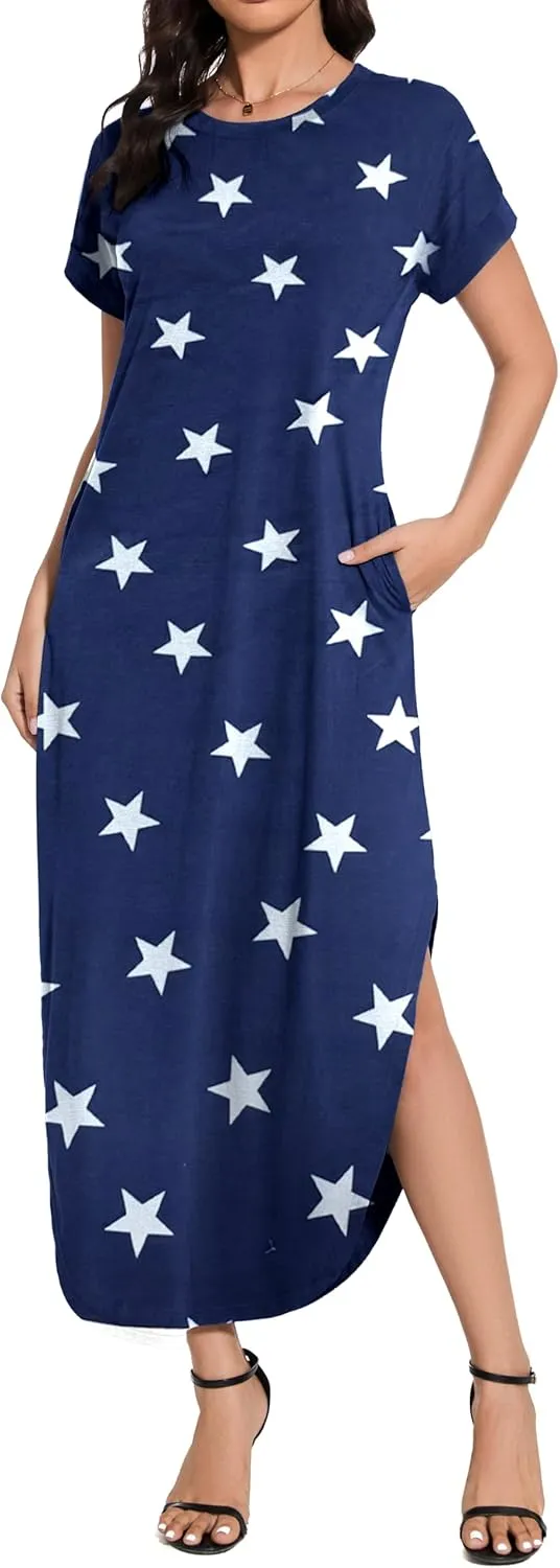 Women Summer Long Sundress Crewneck Short Sleeve Maxi Dress 2025 Casual Loose Beach Dress with Pockets