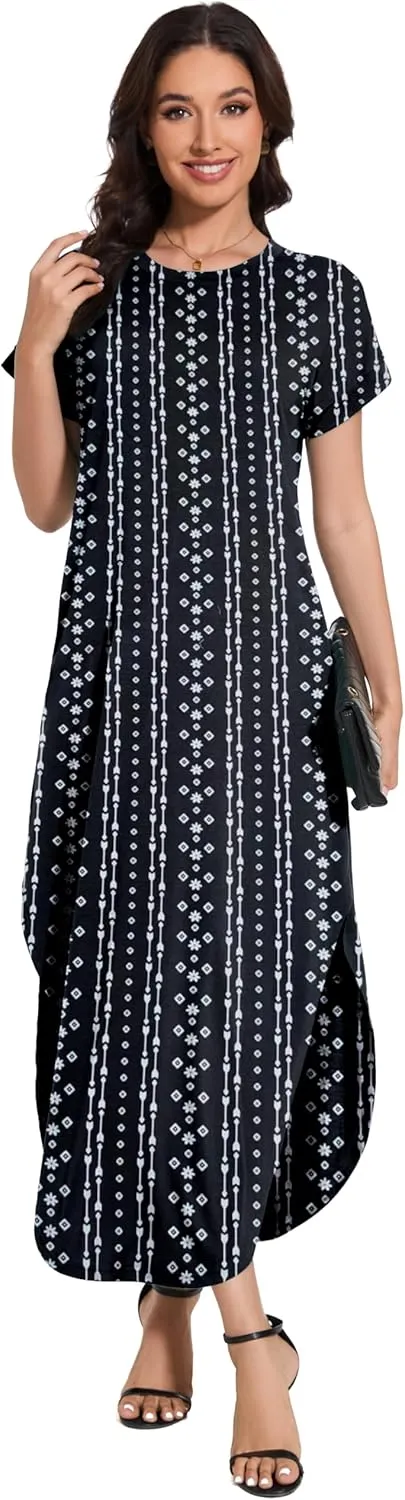 Women Summer Long Sundress Crewneck Short Sleeve Maxi Dress 2025 Casual Loose Beach Dress with Pockets