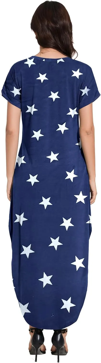 Women Summer Long Sundress Crewneck Short Sleeve Maxi Dress 2025 Casual Loose Beach Dress with Pockets