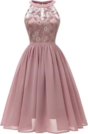 Women Vintage Halter Neck Floral Lace Hi-Lo Backless Bridesmaid Dress A-Line Short Prom Retro Cocktail Formal Swing Dress