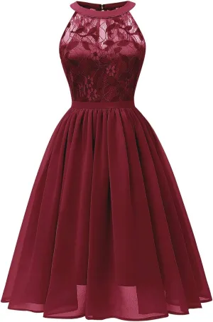 Women Vintage Halter Neck Floral Lace Hi-Lo Backless Bridesmaid Dress A-Line Short Prom Retro Cocktail Formal Swing Dress