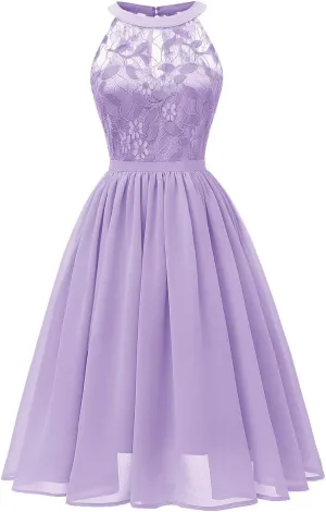 Women Vintage Halter Neck Floral Lace Hi-Lo Backless Bridesmaid Dress A-Line Short Prom Retro Cocktail Formal Swing Dress