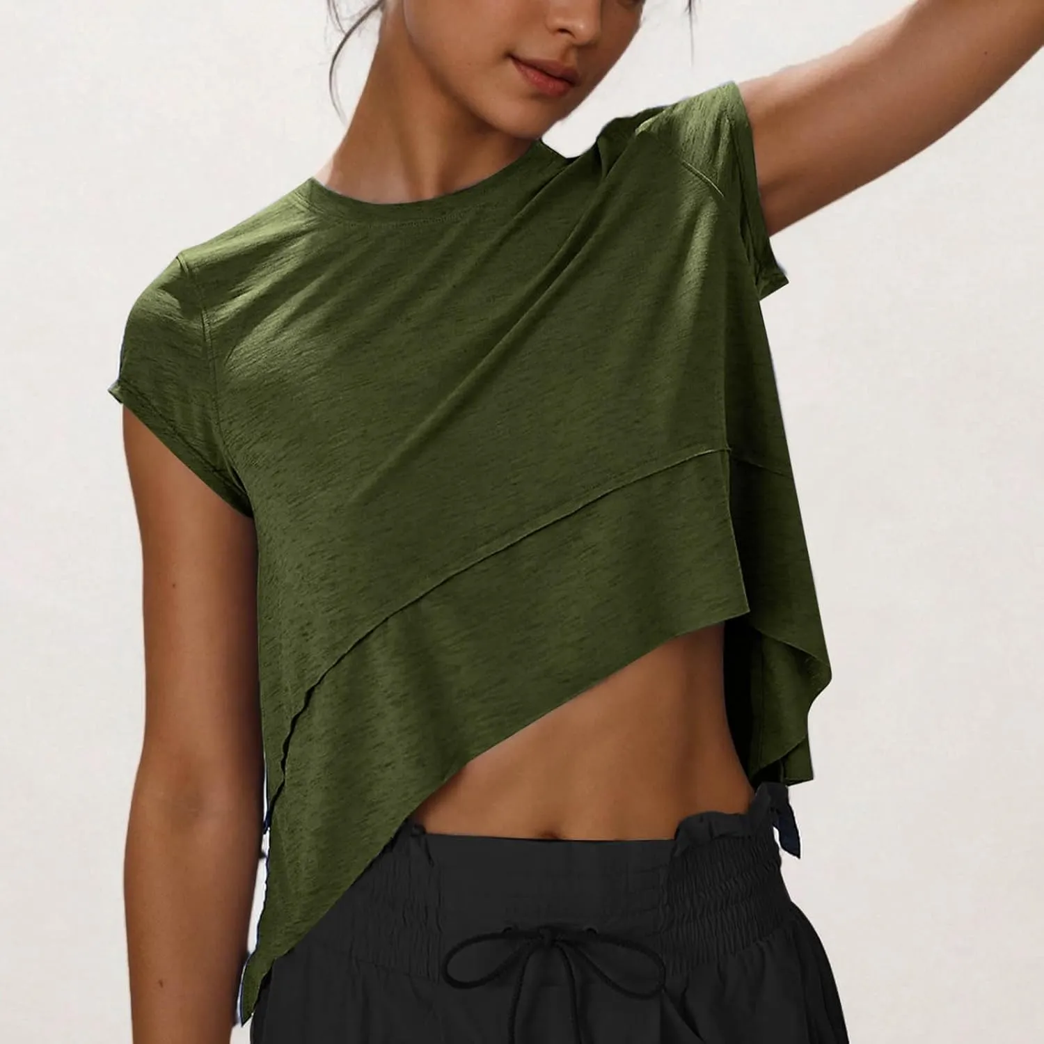 Women's Athletic T-Shirts Fashion Irregular Hem Crewneck Cap Sleeve Cropped Tops Lightweight Breathable Yoga Gym Tees