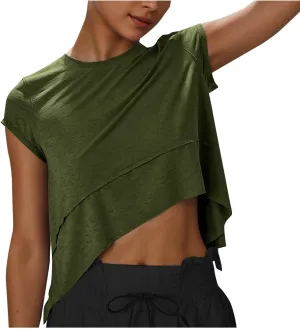 Women's Athletic T-Shirts Fashion Irregular Hem Crewneck Cap Sleeve Cropped Tops Lightweight Breathable Yoga Gym Tees