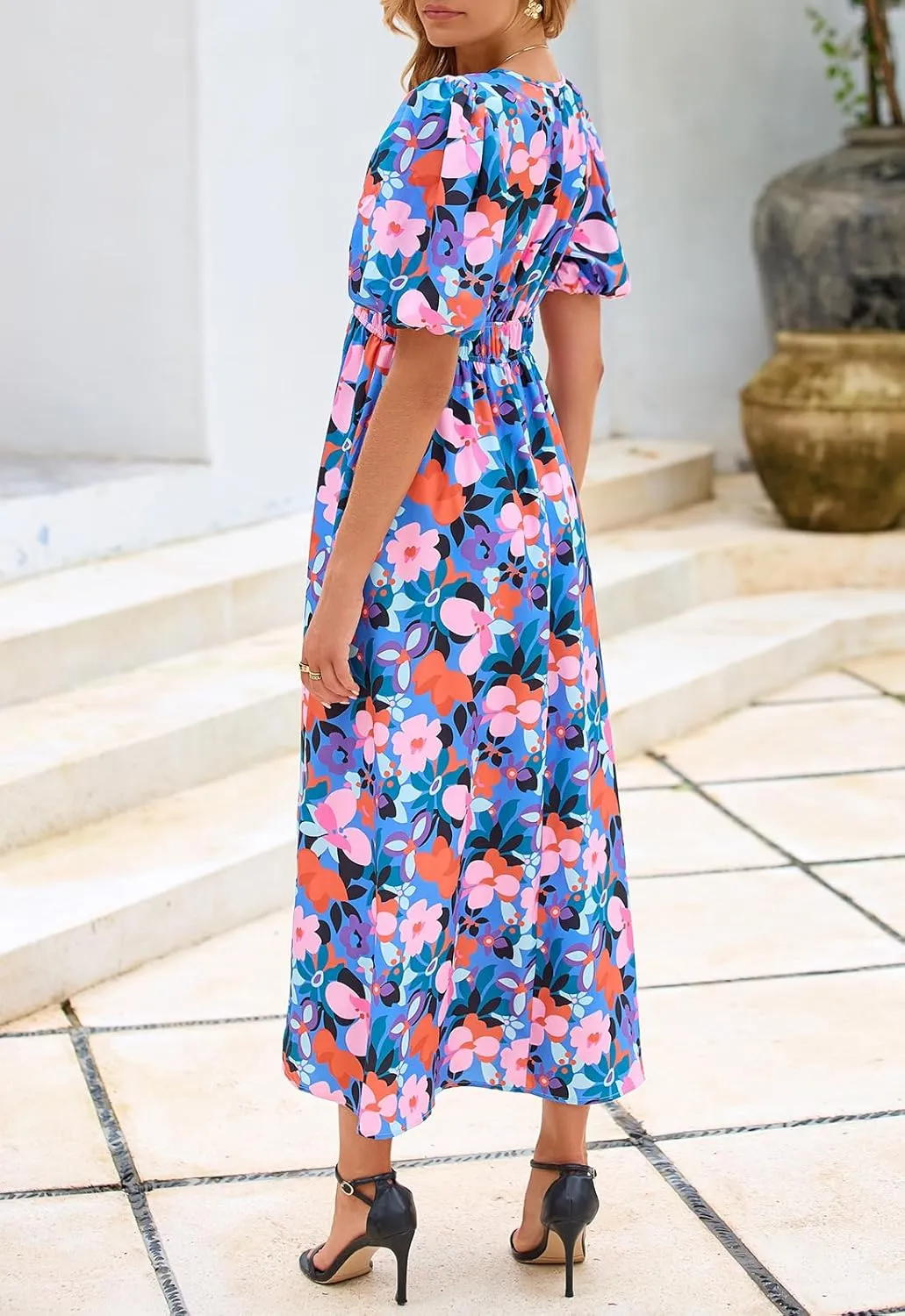 Women's Boho Floral Print Midi Dress Short Sleeve Summer Long Dress