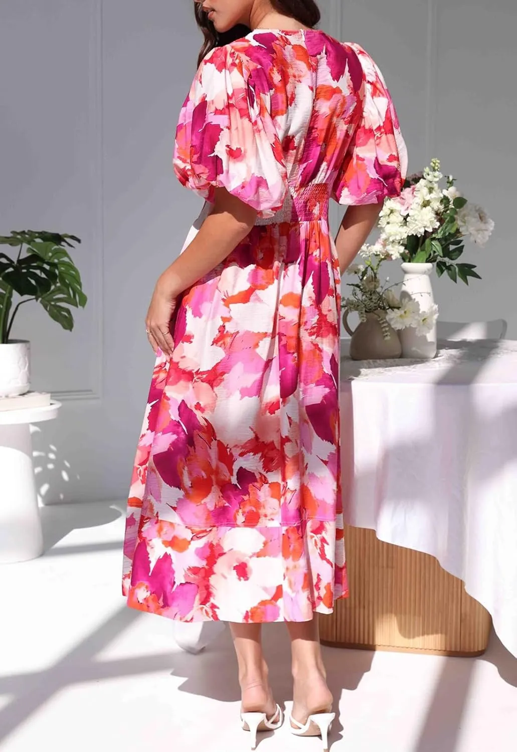 Women's Boho Floral Print Midi Dress Short Sleeve Summer Long Dress