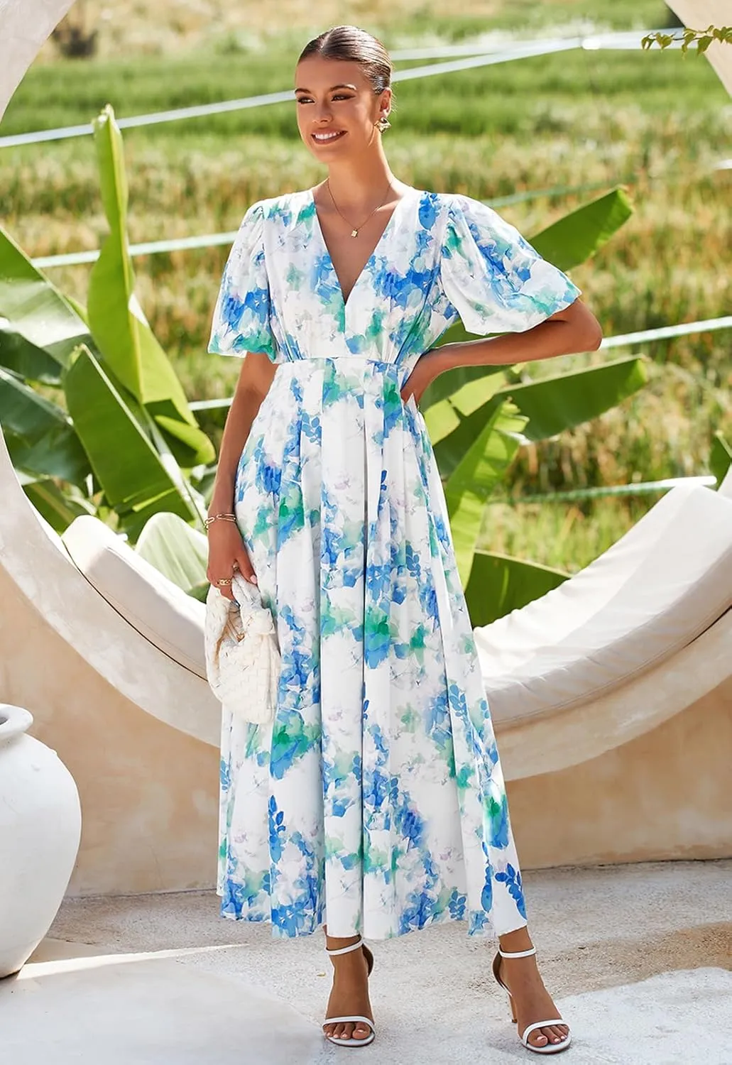 Women's Boho Floral Print Midi Dress Short Sleeve Summer Long Dress