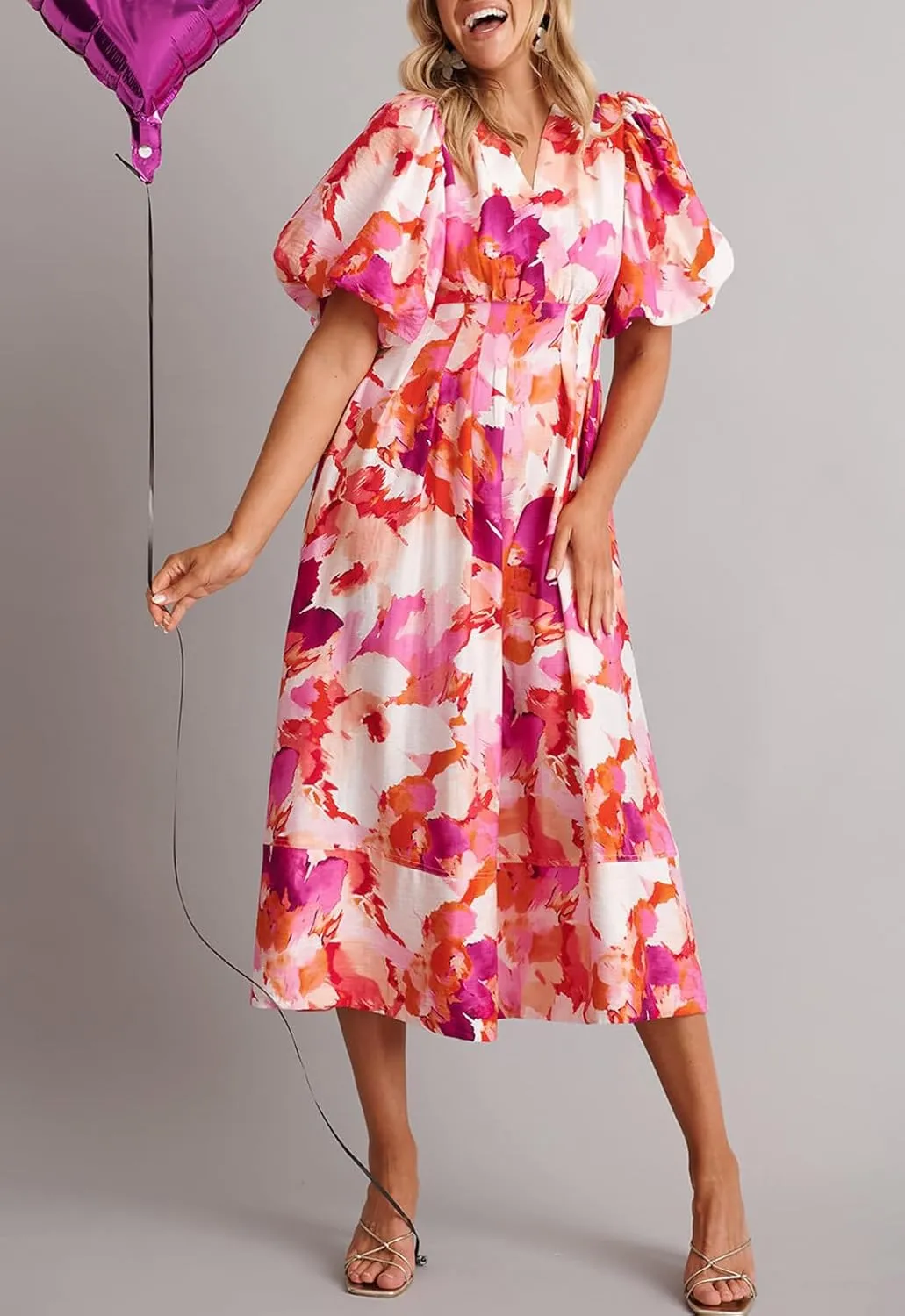 Women's Boho Floral Print Midi Dress Short Sleeve Summer Long Dress