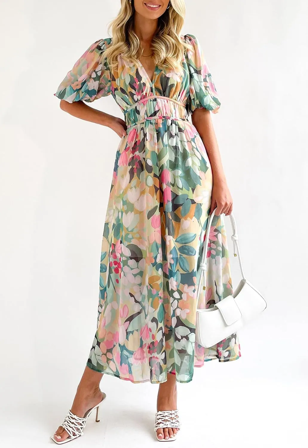 Women's Boho Floral Print Midi Dress Short Sleeve Summer Long Dress