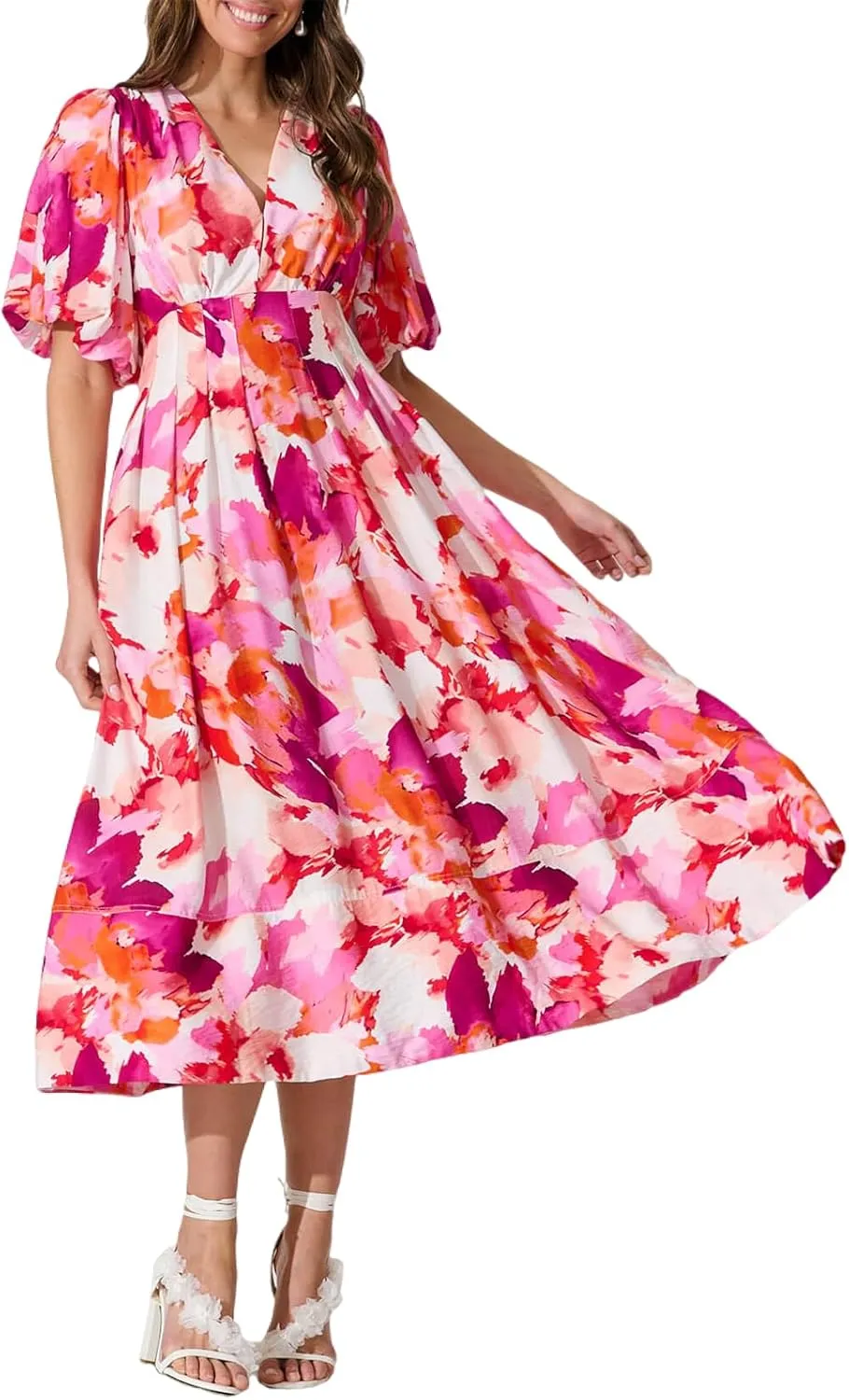 Women's Boho Floral Print Midi Dress Short Sleeve Summer Long Dress