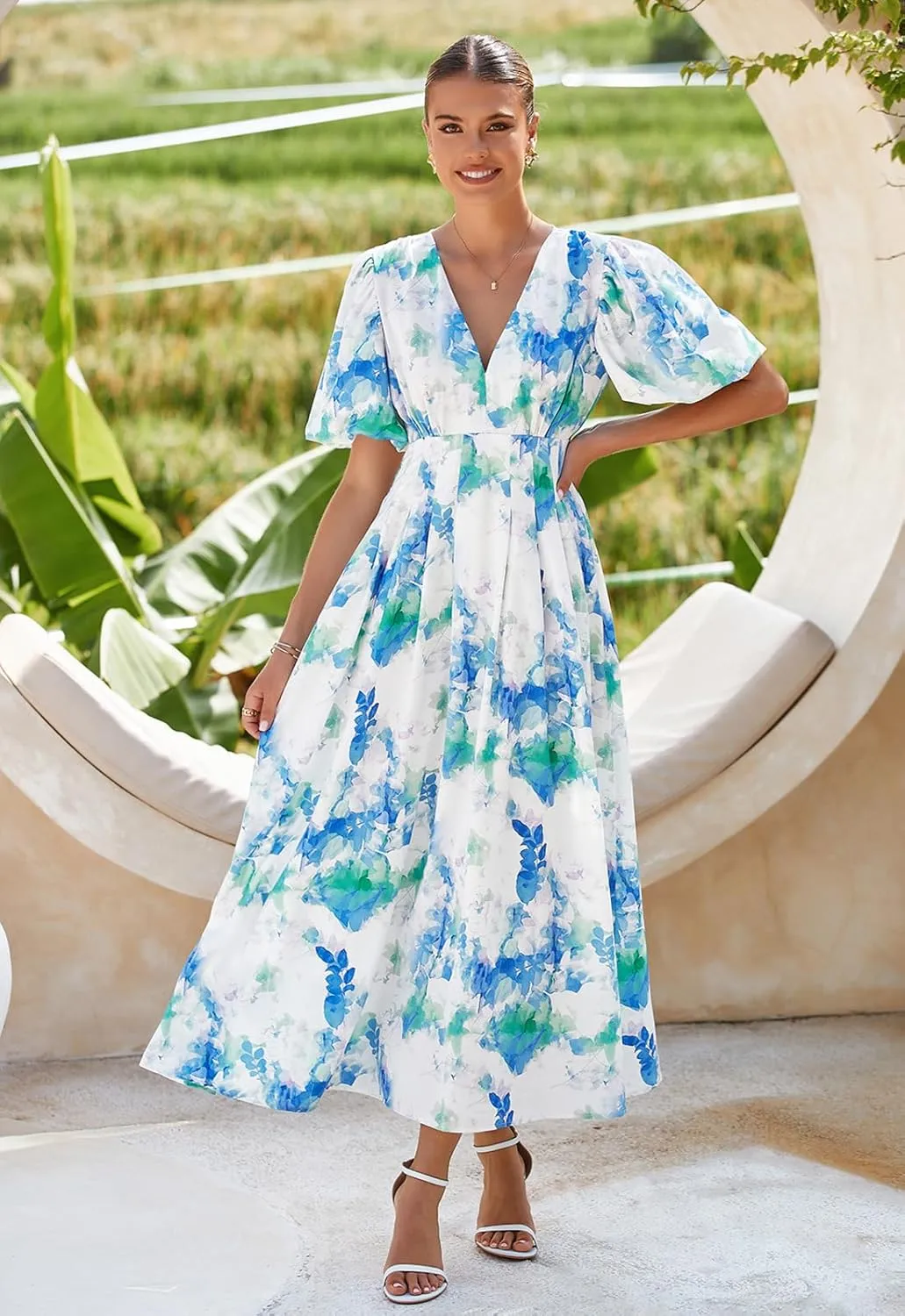 Women's Boho Floral Print Midi Dress Short Sleeve Summer Long Dress