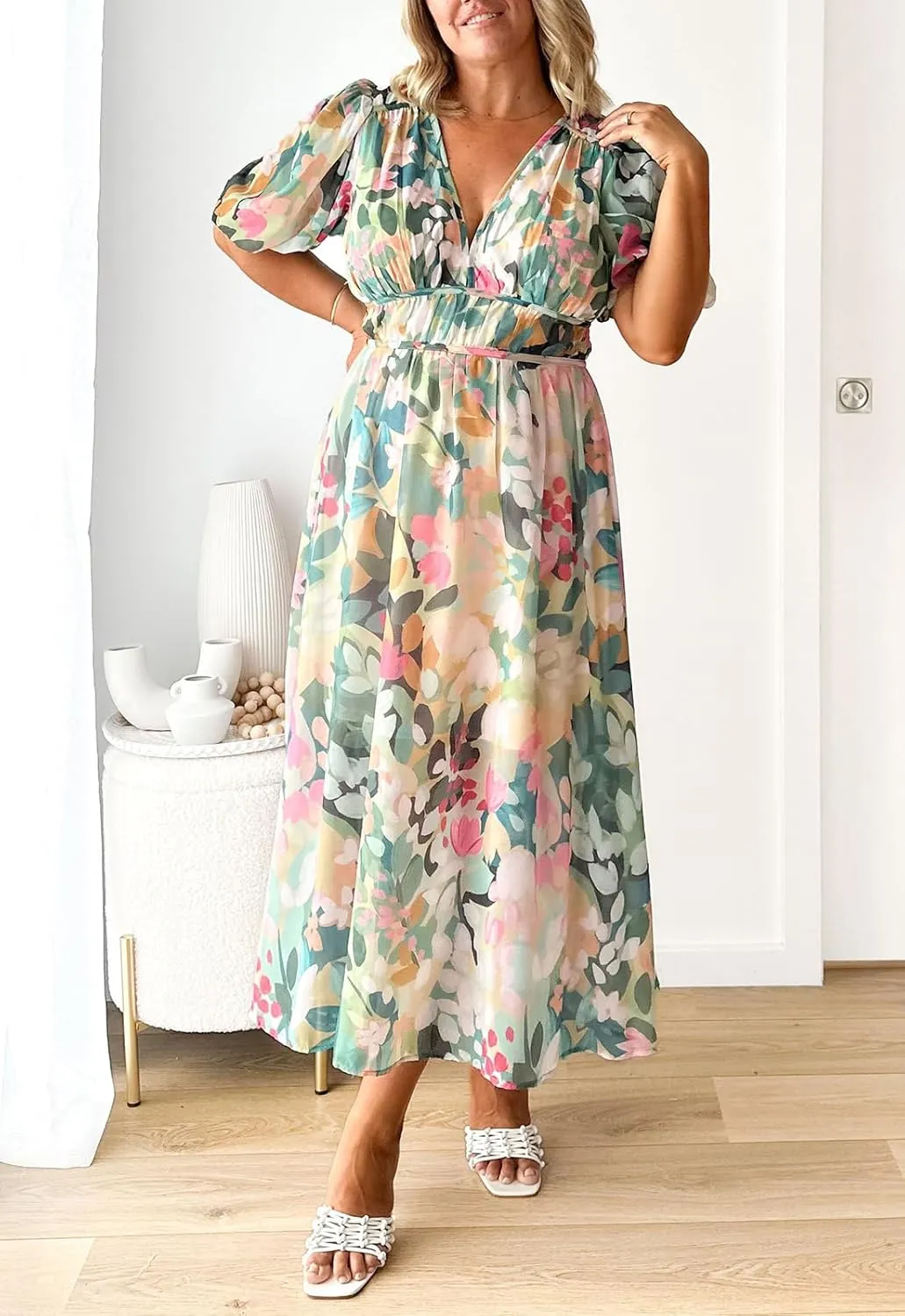 Women's Boho Floral Print Midi Dress Short Sleeve Summer Long Dress