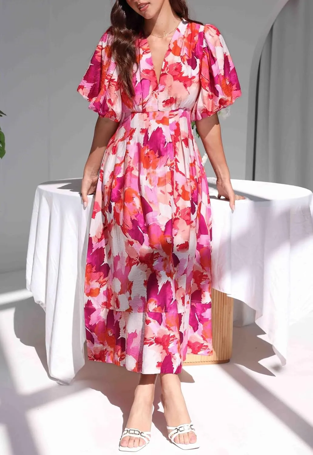 Women's Boho Floral Print Midi Dress Short Sleeve Summer Long Dress