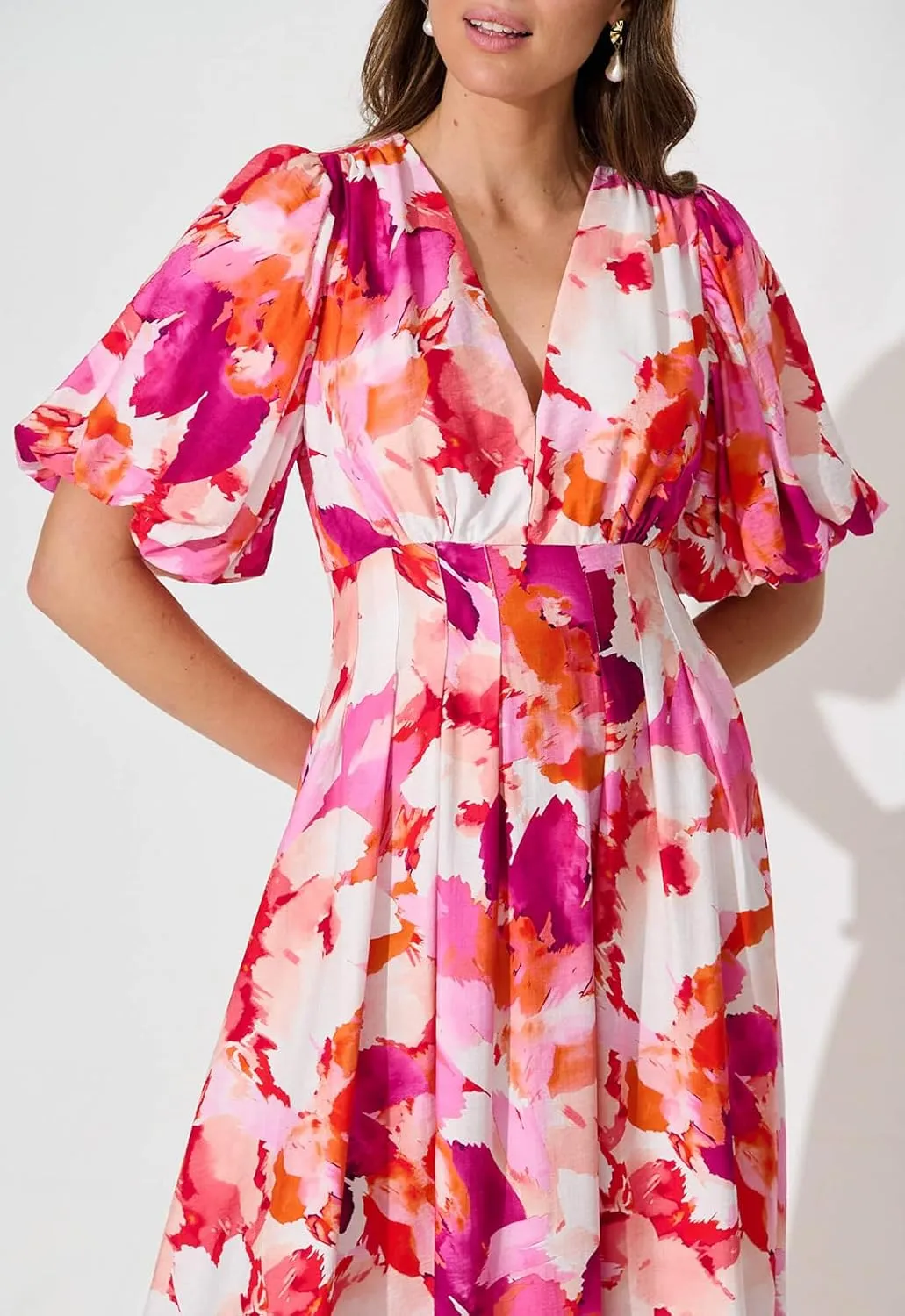 Women's Boho Floral Print Midi Dress Short Sleeve Summer Long Dress