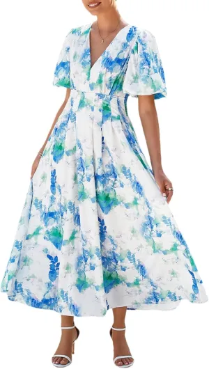 Women's Boho Floral Print Midi Dress Short Sleeve Summer Long Dress