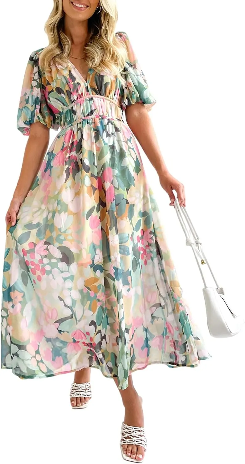 Women's Boho Floral Print Midi Dress Short Sleeve Summer Long Dress