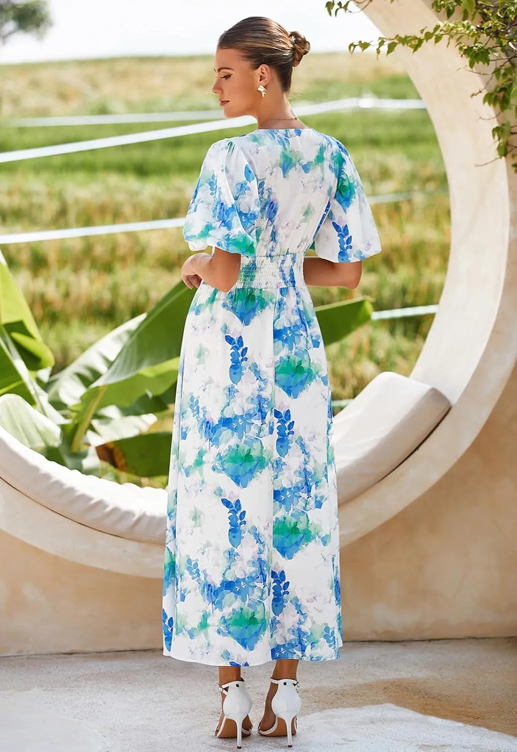 Women's Boho Floral Print Midi Dress Short Sleeve Summer Long Dress
