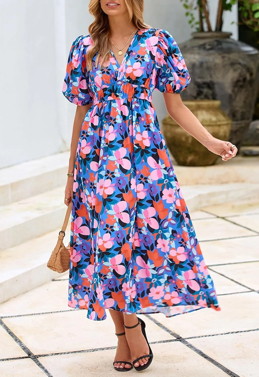 Women's Boho Floral Print Midi Dress Short Sleeve Summer Long Dress