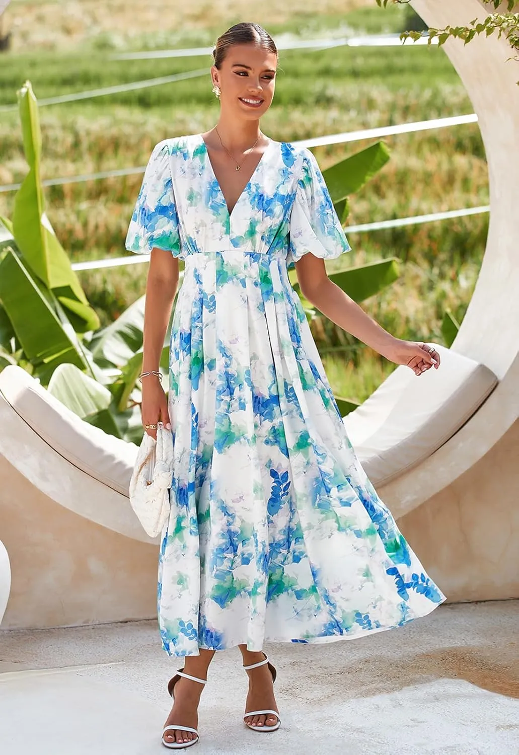 Women's Boho Floral Print Midi Dress Short Sleeve Summer Long Dress