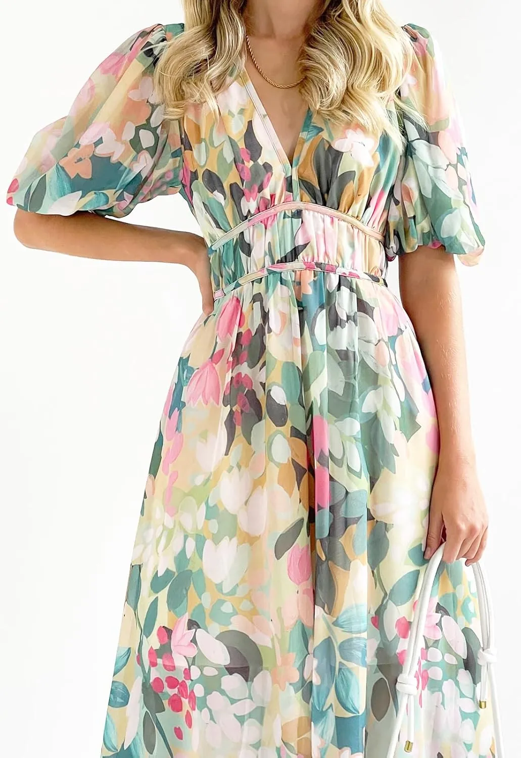 Women's Boho Floral Print Midi Dress Short Sleeve Summer Long Dress
