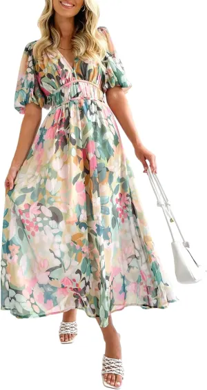 Women's Boho Floral Print Midi Dress Short Sleeve Summer Long Dress