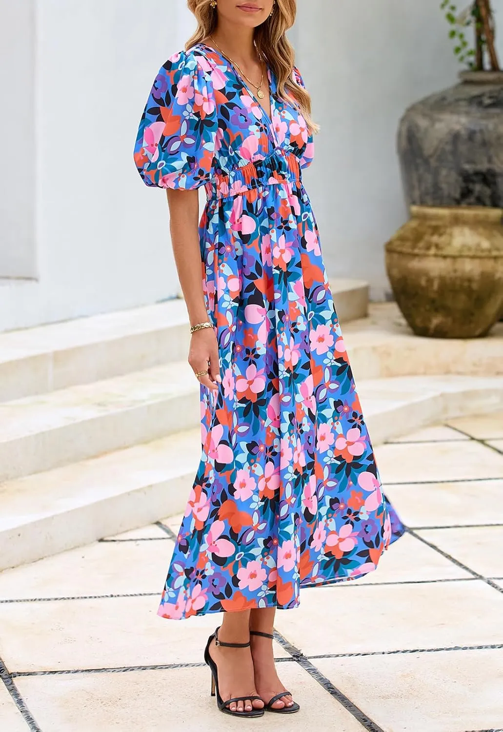 Women's Boho Floral Print Midi Dress Short Sleeve Summer Long Dress
