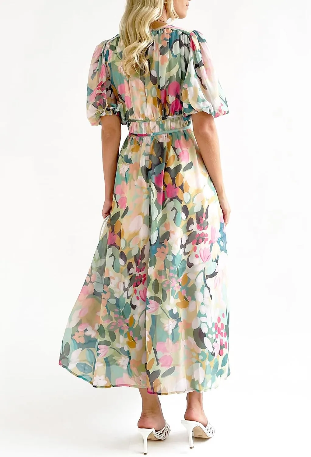 Women's Boho Floral Print Midi Dress Short Sleeve Summer Long Dress