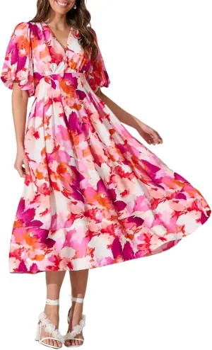 Women's Boho Floral Print Midi Dress Short Sleeve Summer Long Dress