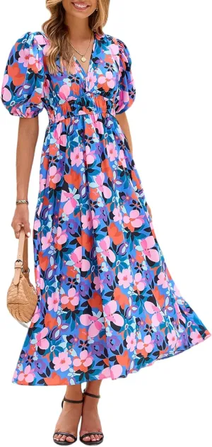 Women's Boho Floral Print Midi Dress Short Sleeve Summer Long Dress