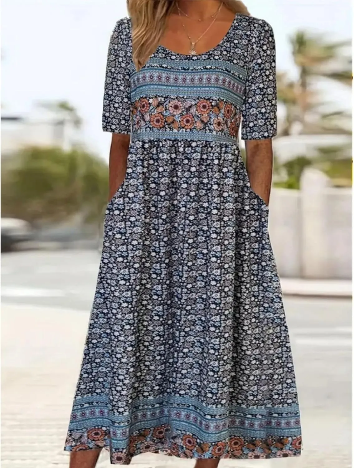 Women's Boho Summer Crewneck Floral Print Midi Tshirt Dress Casual Loose Short Sleeve Beach Dresses with Pockets
